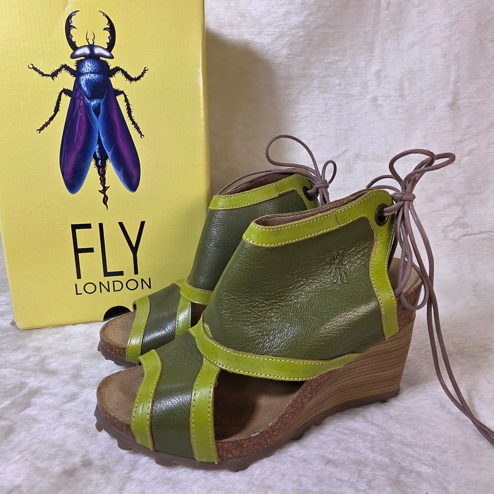 Fly London Wedge Sandals Lime Green Lemon Lace Up Back Womens 38 7 Excellent
